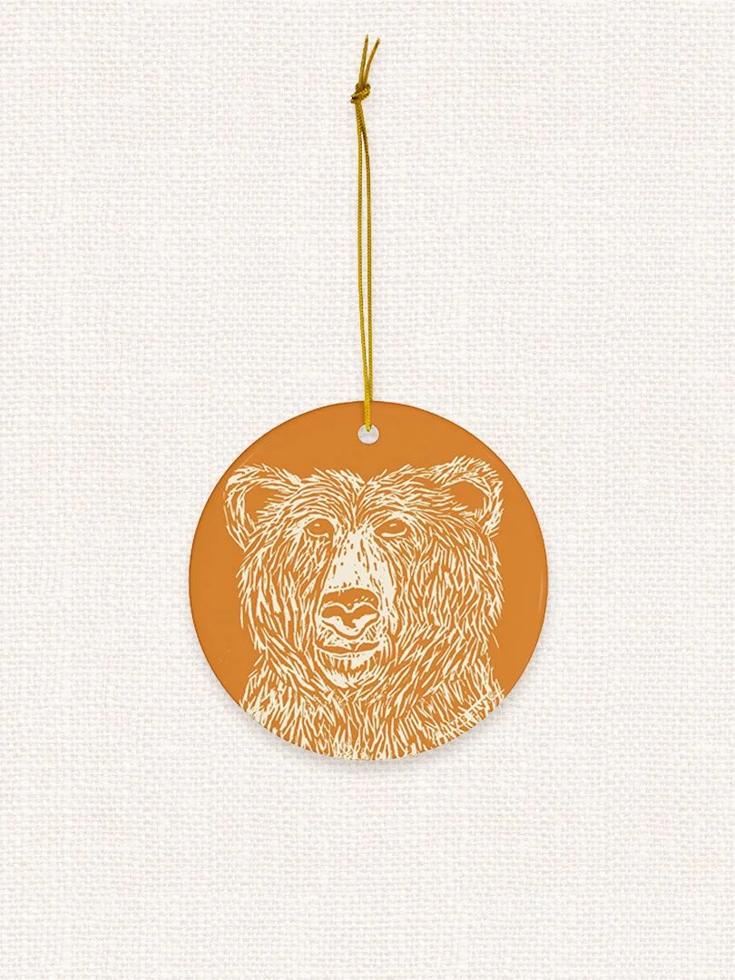 bear image on gold background decorative holiday christmas winter ornament 3 inch round porcelain ceramic