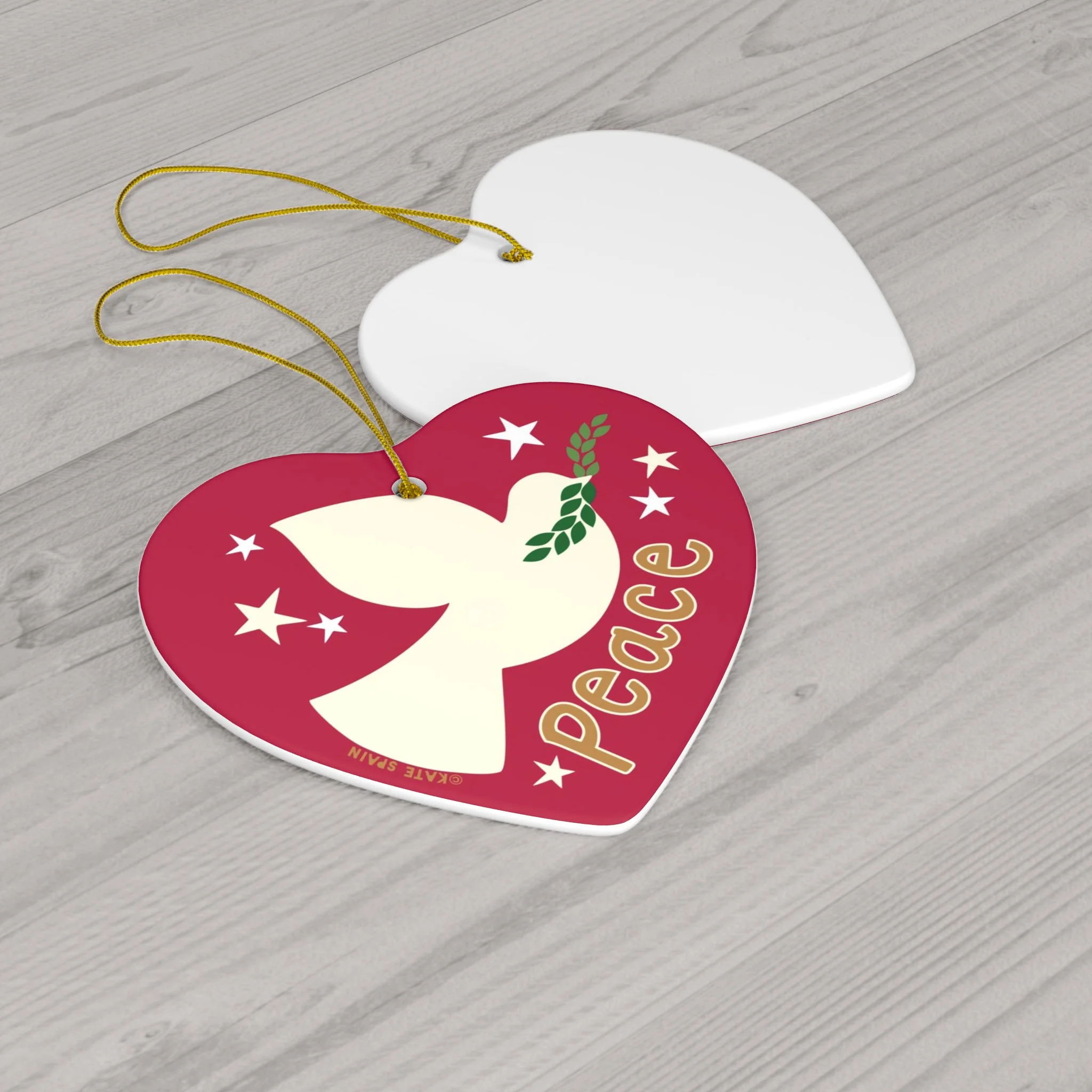 dove peace stars image on red colored background holiday christmas winter ornament 3 inch heart shaped porcelain ceramic front and back