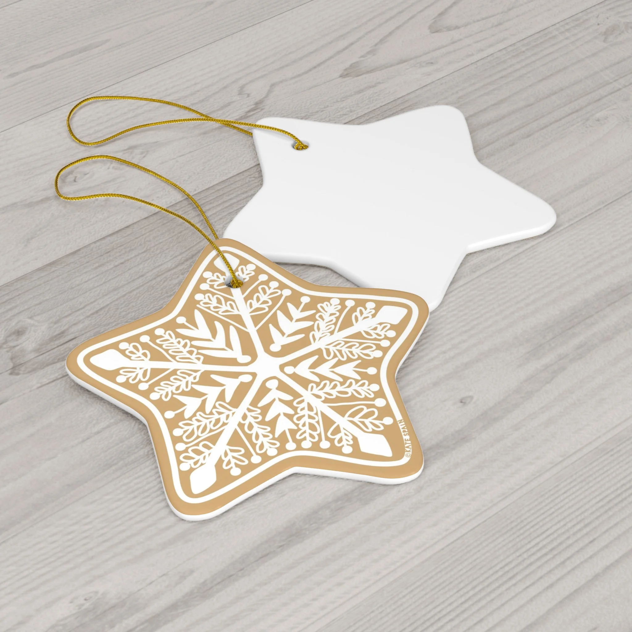 gingerbread cookie decorative icing image on ginger colored background holiday christmas winter ornament 3 inch star shaped porcelain ceramic front and back