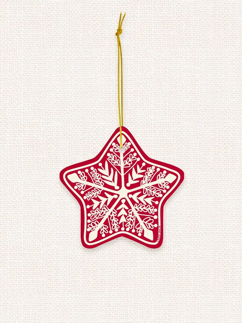 gingerbread cookie decorative icing image on red background holiday christmas winter ornament 3 inch star shaped porcelain ceramic
