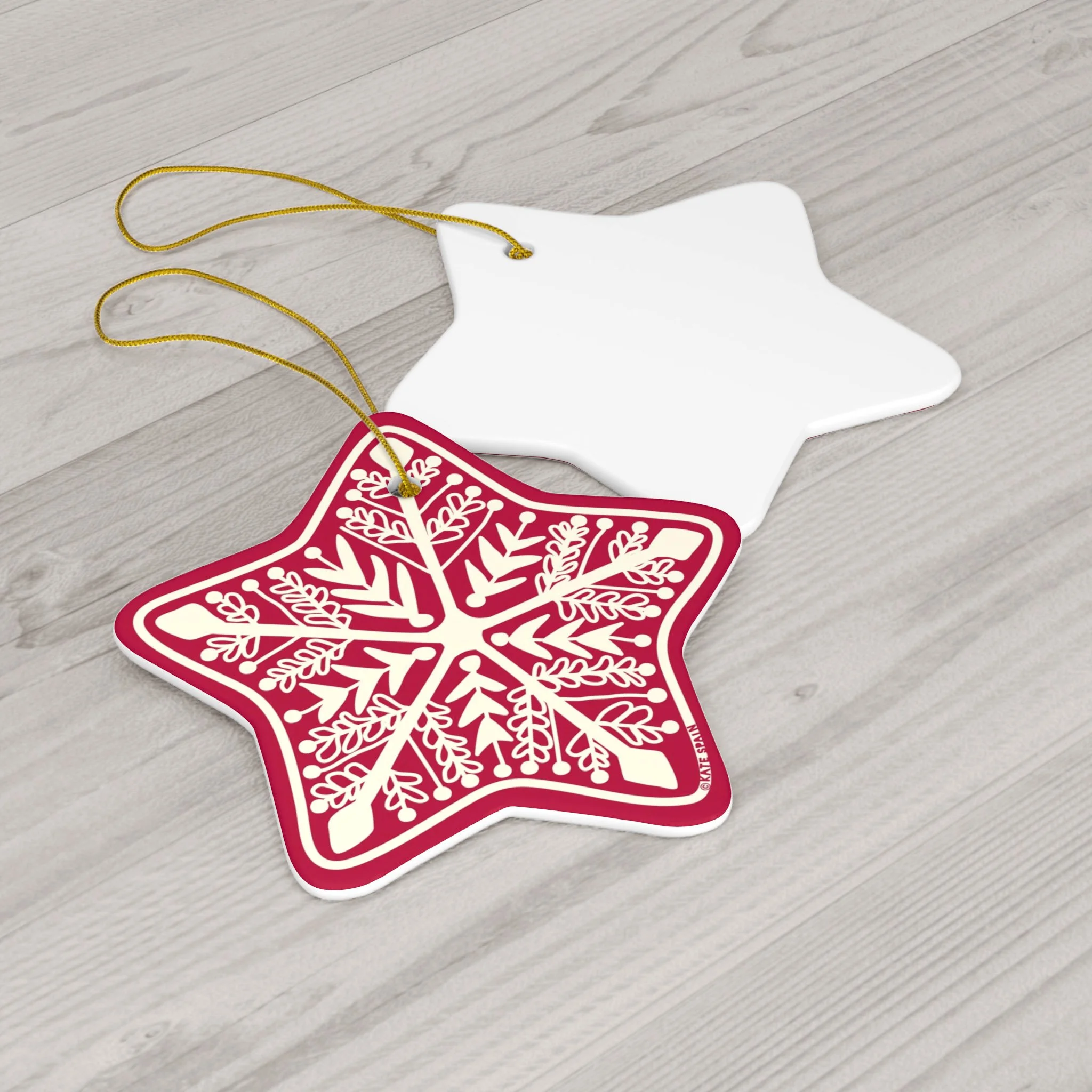 gingerbread cookie decorative icing image on red background holiday christmas winter ornament 3 inch star shaped porcelain ceramic front and back