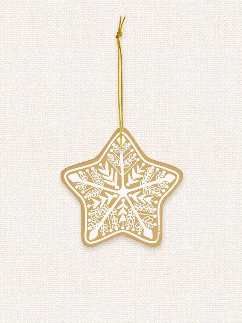 gingerbread cookie decorative icing image on ginger colored background holiday christmas winter ornament 3 inch star shaped porcelain ceramic