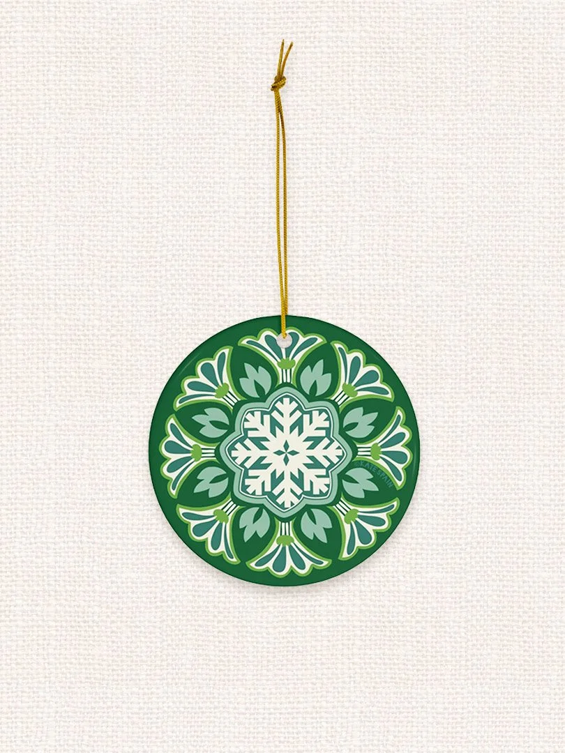 decorative snowflake on green background holiday christmas winter ornament 3 inch round porcelain ceramic