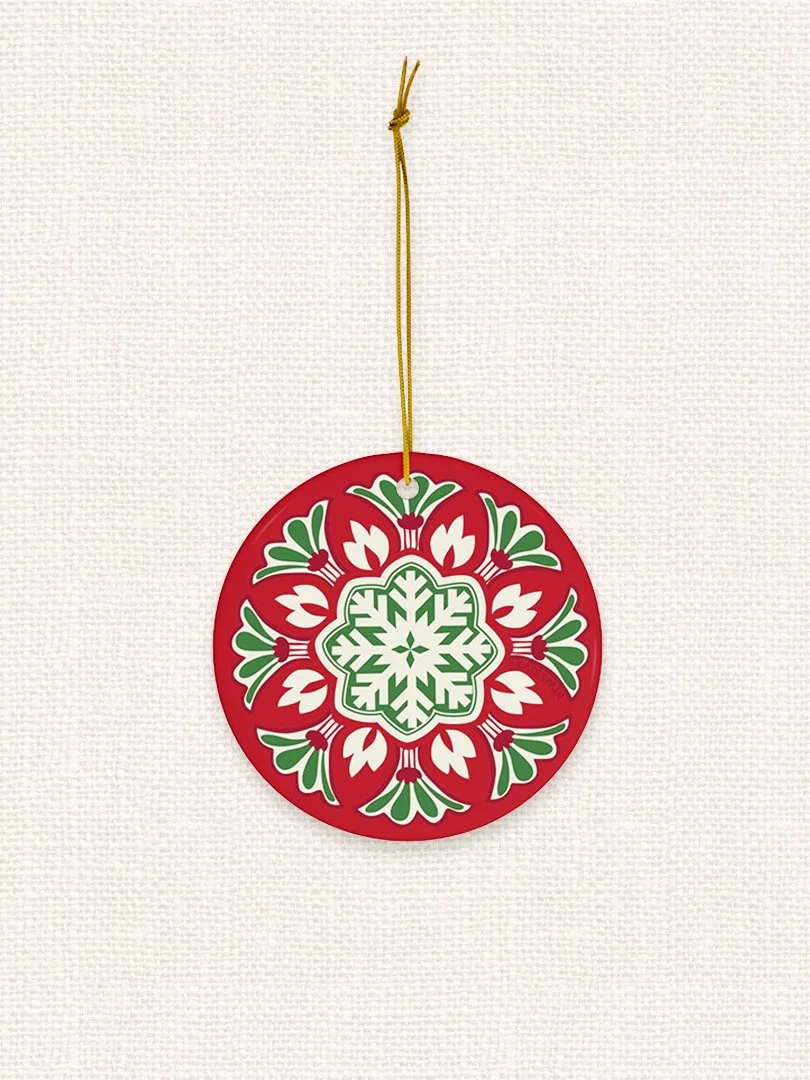 decorative red and green snowflake on red background holiday christmas winter ornament 3 inch round porcelain ceramic