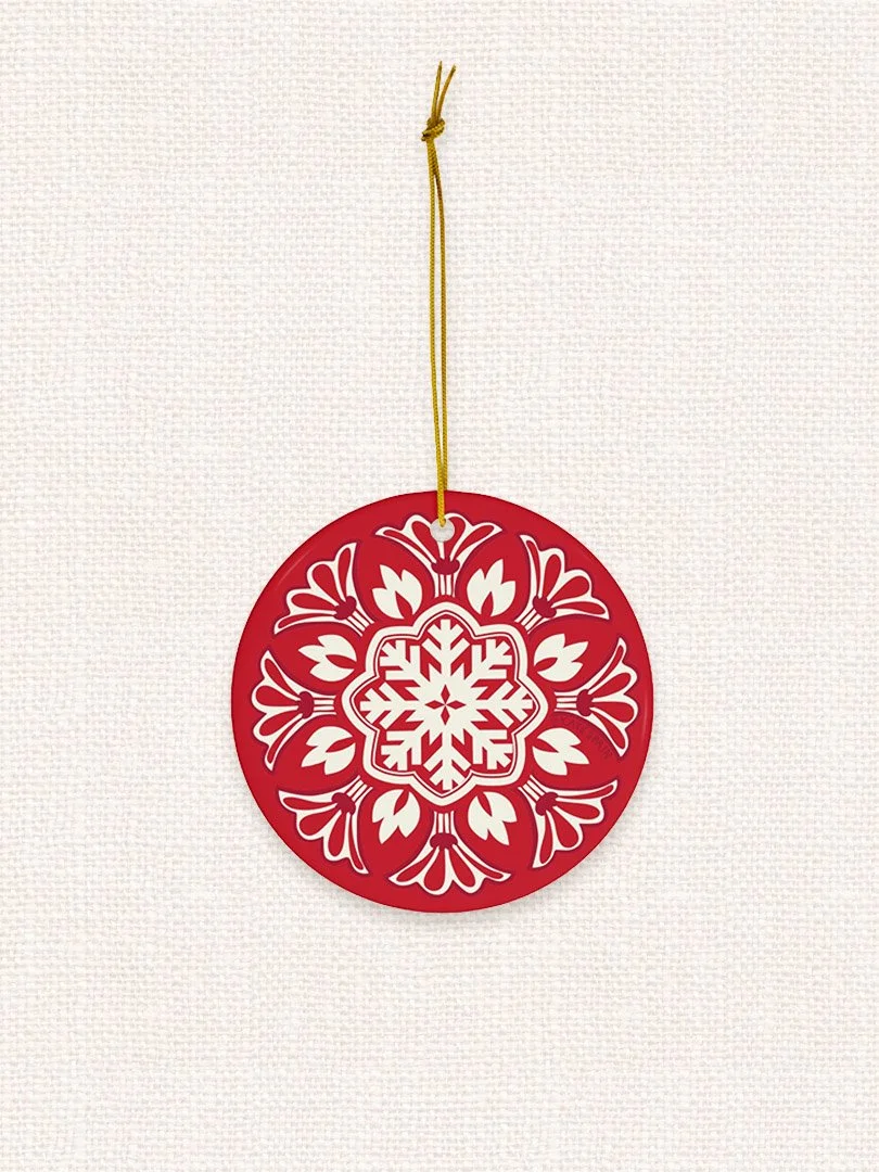 decorative snowflake on red background holiday christmas winter ornament 3 inch round porcelain ceramic