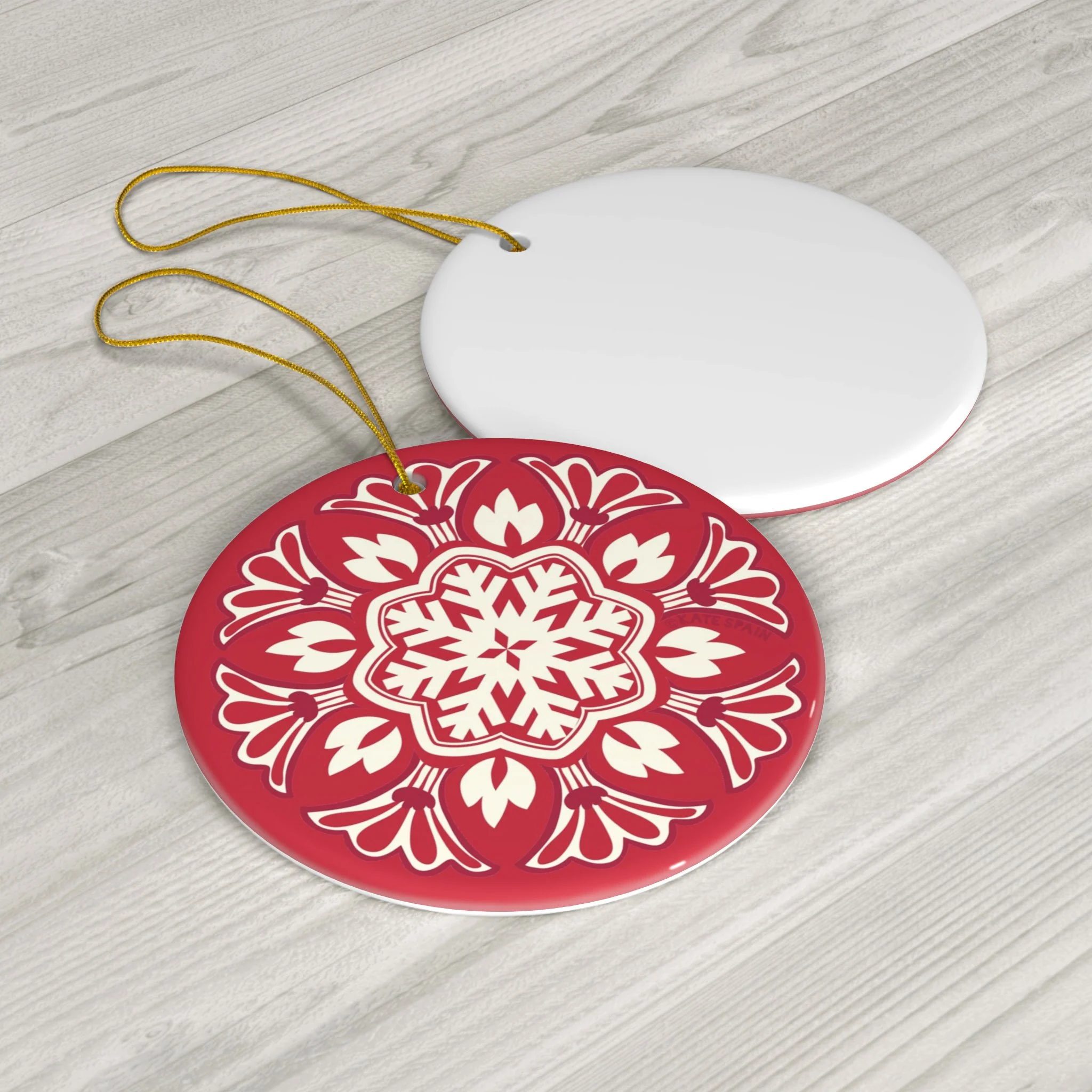 decorative snowflake on red background holiday christmas winter ornament 3 inch round porcelain ceramic front and back
