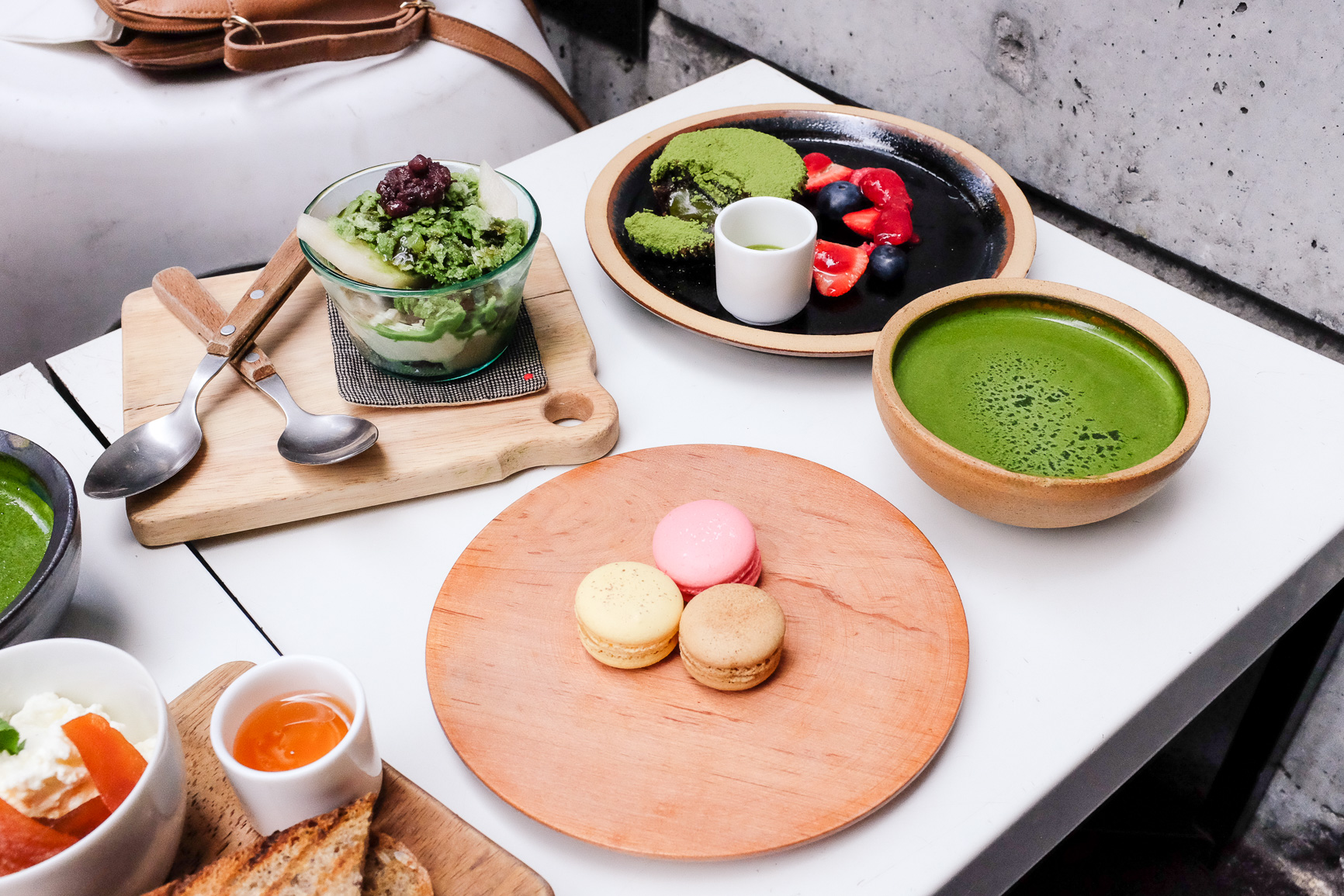 Kinako mochi, roasted green tea jelly, red beans and kuromitsu syrup ($9.50) and chai latte, yuzu and lemonade, lychee and raspberry macarons ($3.00ea)