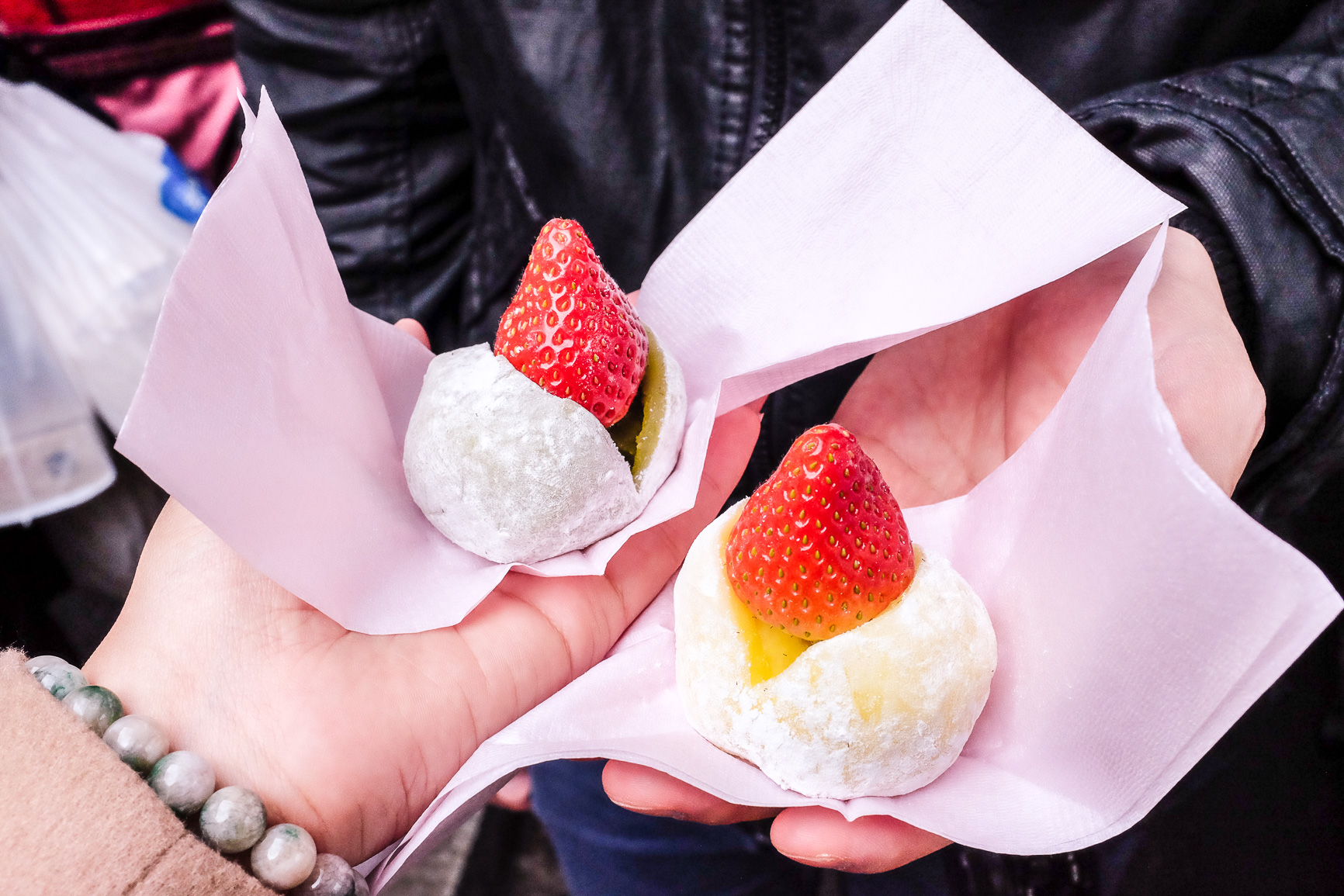Matcha strawberry mochi and custard strawberry mochi