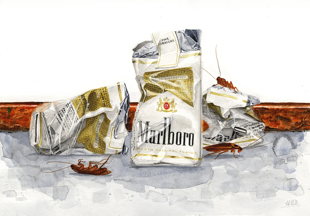"Cigs and roaches III" 2014 Watercolor on paper 18"x24" Available