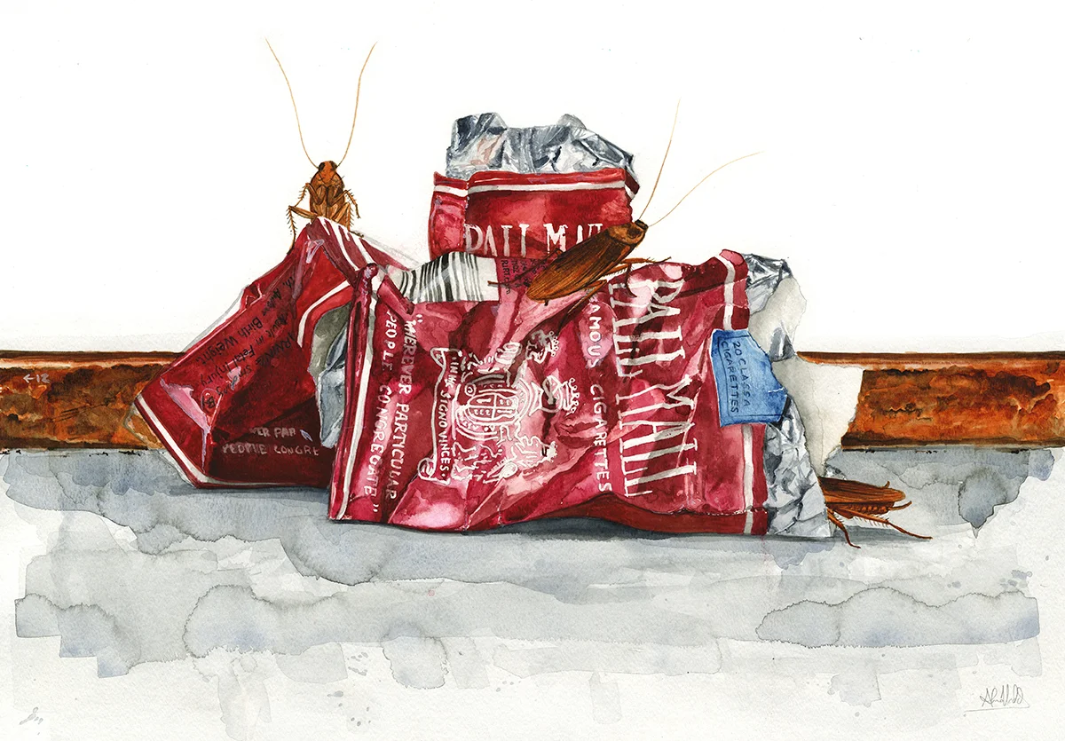 "Cigs and roaches II" 2014 Watercolor on paper 18"x24" Available