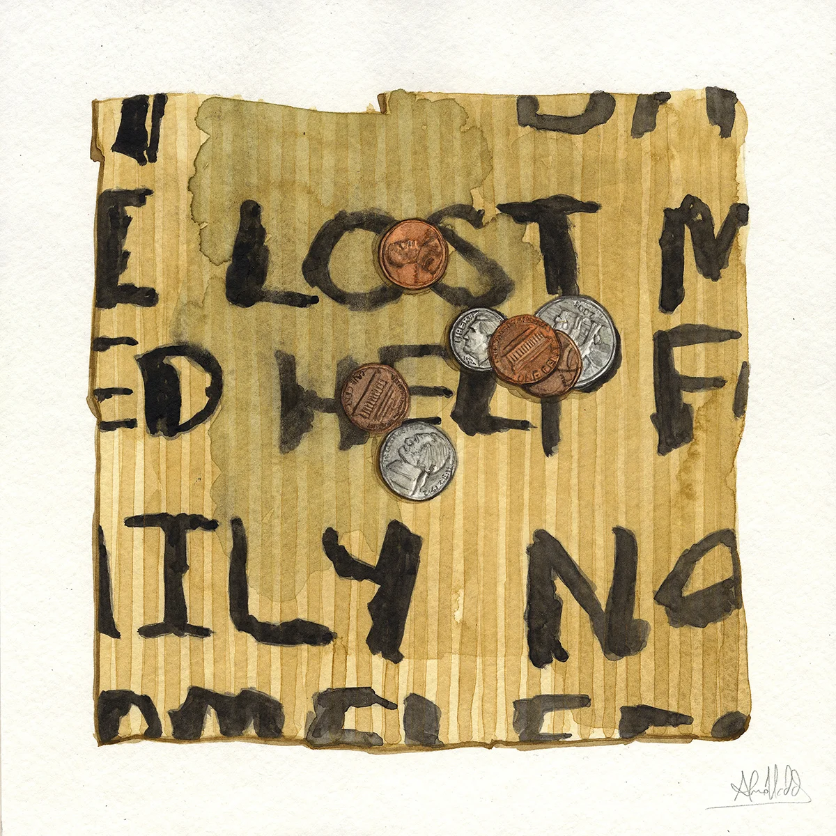 "Forty four cents" 2015 Watercolor on paper 9"x9" Available