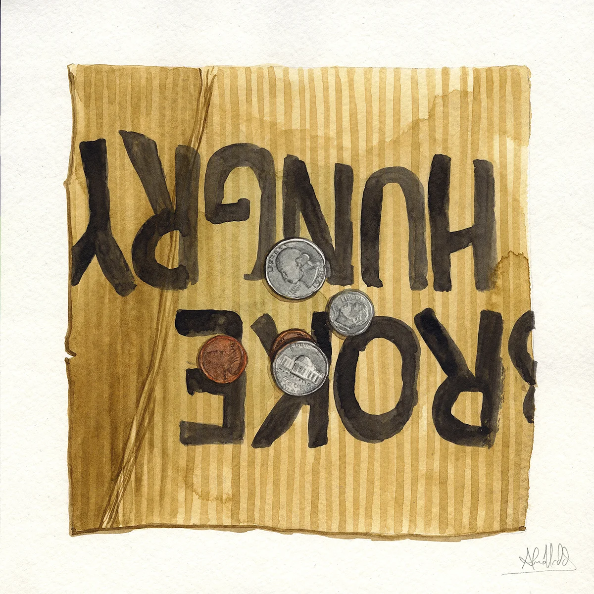 "Forty two cents" 2015 Watercolor on paper 9"x9" Available