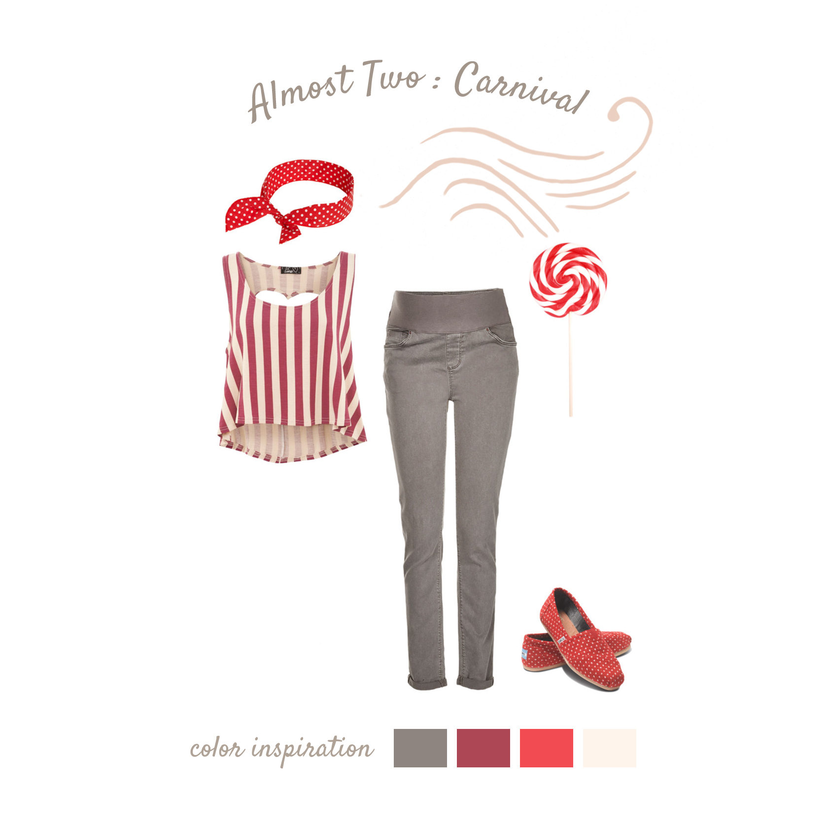 Carnival Colorful, sweet, and fun just because you’re about to be a mom doesn’t mean you’re not a kid at heart! Red and white carnival stripes are flattering and fun. A pair of stretchtop pants keep you and baby extremely comfortable. Red accessories make your images a playful affair. And let’s not forget the best part... adding a sugary treat, like a striped lollipop, keep you focused and enjoying yourself!