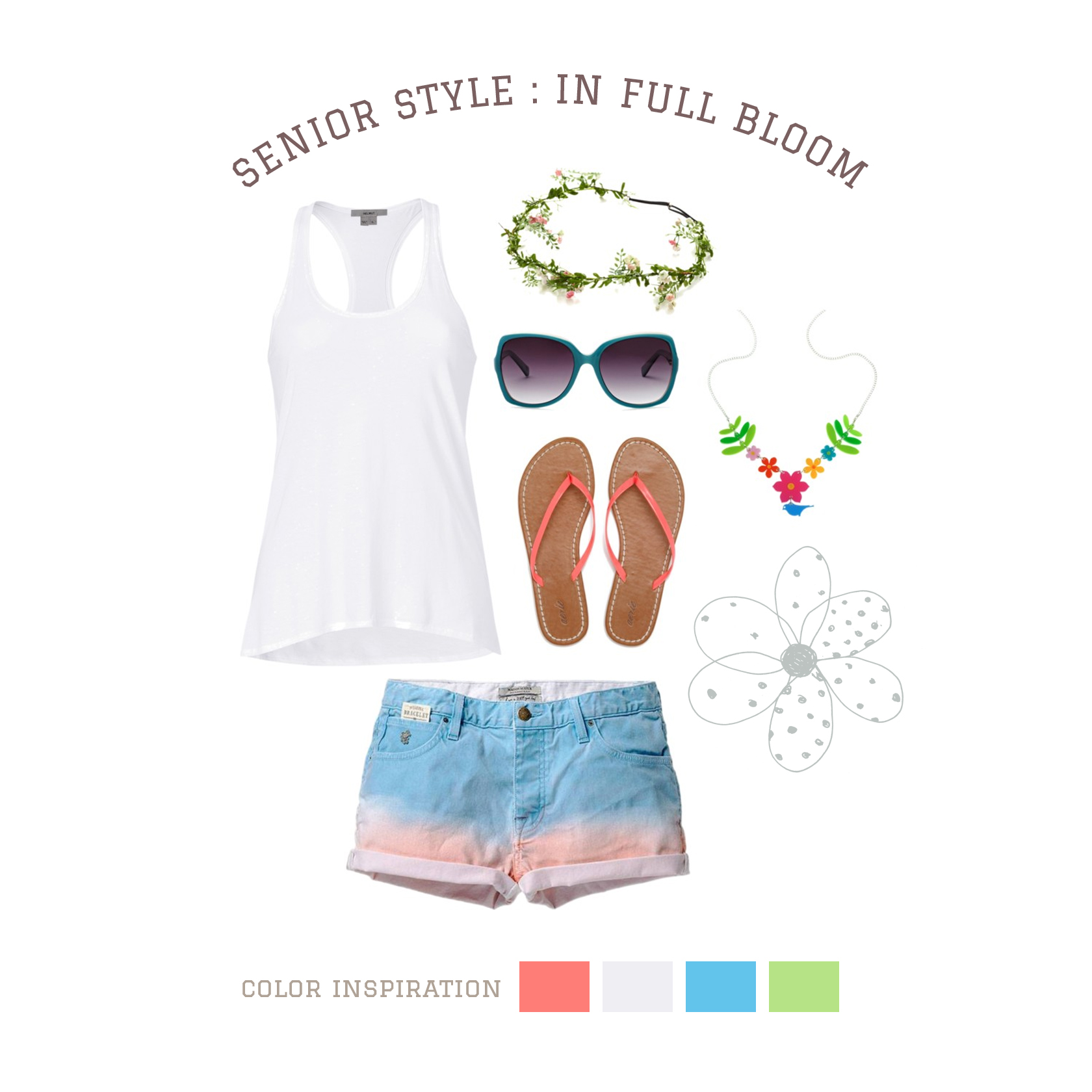 In Full Bloom A unique blend of denim, color, and florals make this outfit wonderfully fresh! Dipdyed denim shorts add a unique color gradient, matching the beachy coral sandals. A while cotton tank top allows your accessories to shine try sunglasses and a colorful necklace to bring the look together! A floral headband is just the thing to top things off adding organic detail and Summery whimsy!