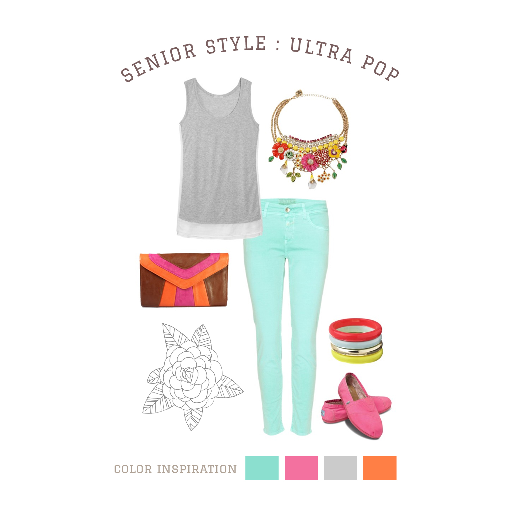 Ultra Pop A mix of quiet and loud makes this outfit a standout. Splashes of incredible, intense color create strong focal points against soft, neutral colors. Start with solid color pants and a grey tank then add color and personality with shoes and accessories! A great look for indoors or outdoors.