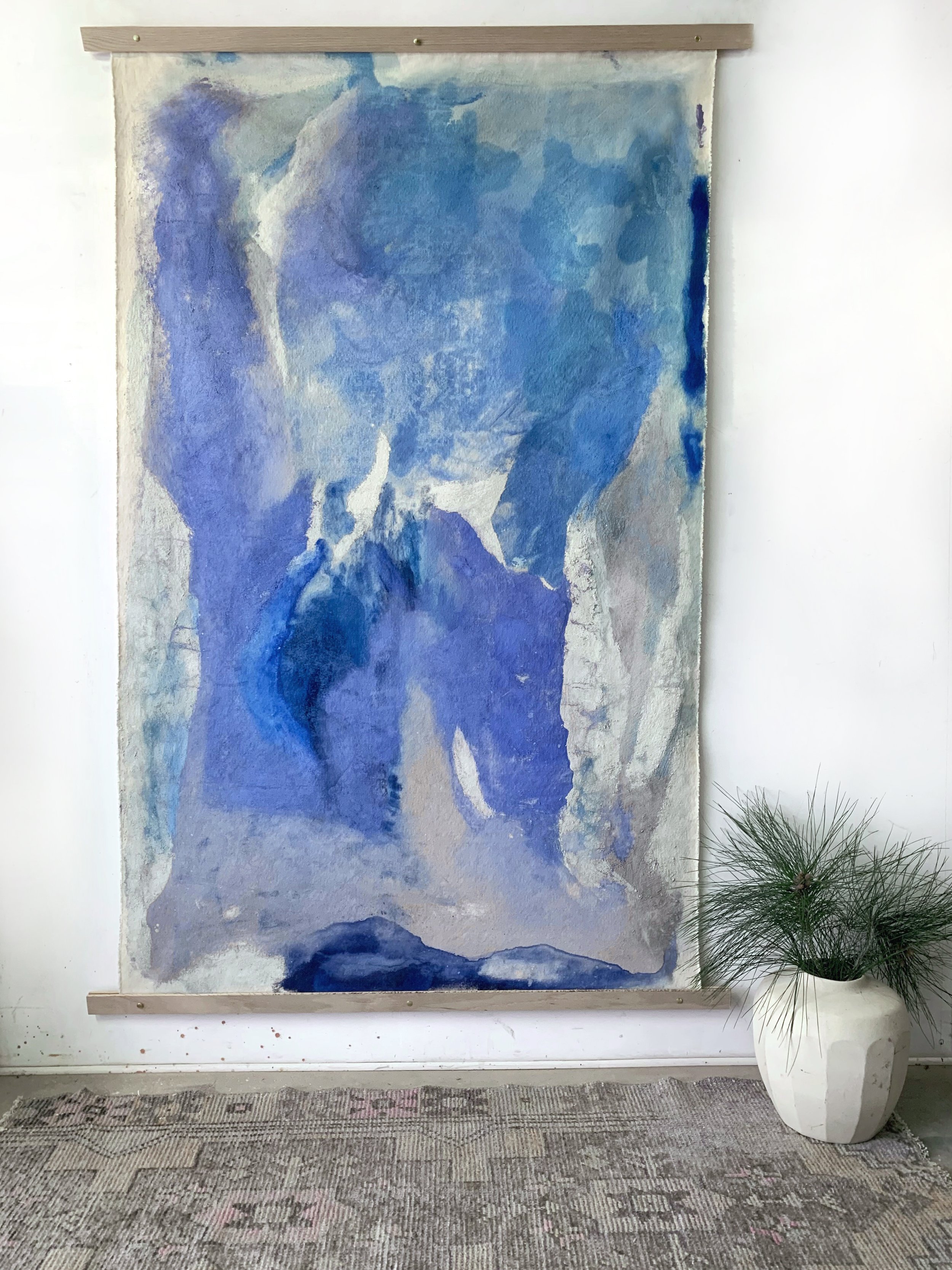   Blue Notes,   45” x 72” 2018, earth pigments and dyes on raw canvas with oak tapestry frame  
