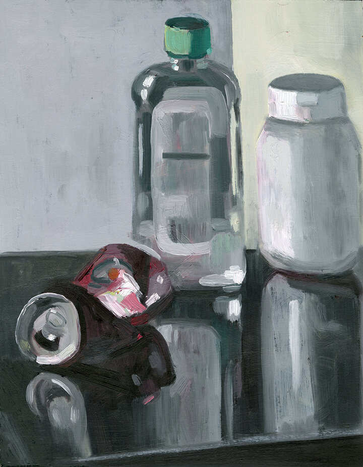 Can and Bottles, 2017, oil on paper, 11 x 14 in
