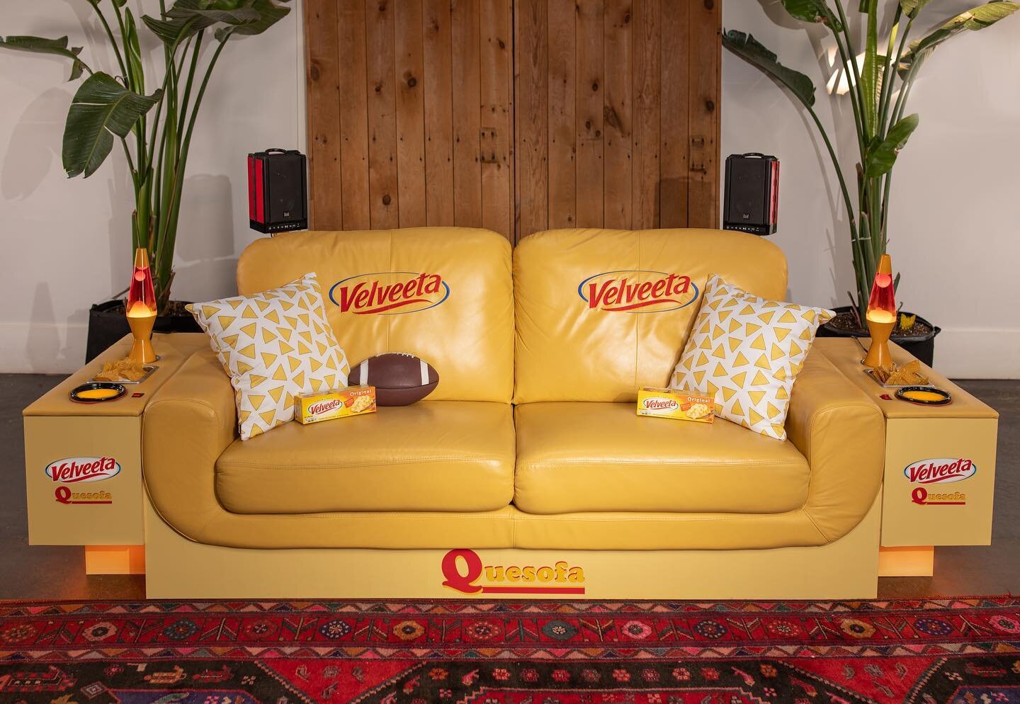 It&rsquo;s Super Bowl weekend &amp; we all wish we were watching within the comfort of the Quesofa. Whipping up some cheese dip &amp; reminiscing on this velvet gold @velveeta couch buildout will have to do.