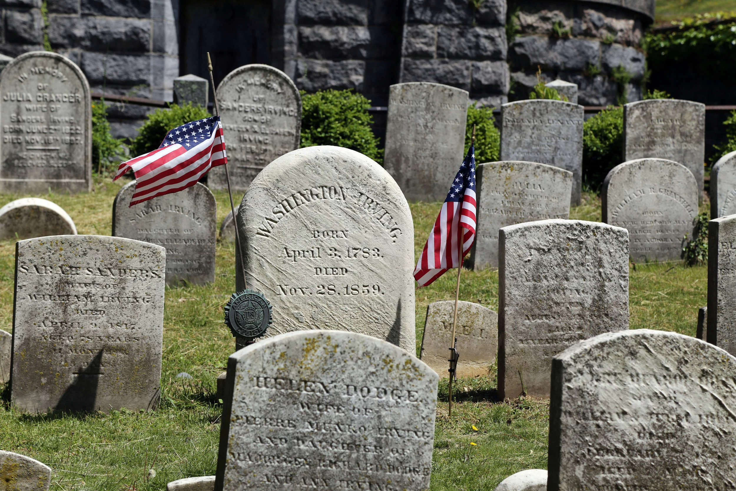 Grave of Washington Irving (1783–1859), lawyer, diplomat, and internationally famous author of essays, short stories, histories, and biographies, notably “The Legend of Sleepy Hollow”.