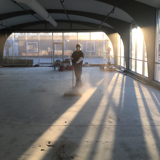 Multipurpose classroom getting cleaned up.