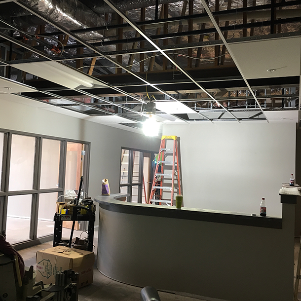 Office space reception desk during construction