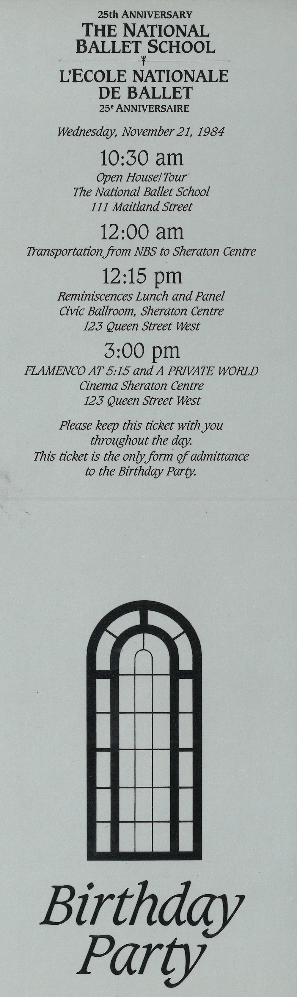 A program schedule for select 25th anniversary events, including an Open House, lunch and panel discussion, and screenings of Flamenco at 5:15 and A Private World.