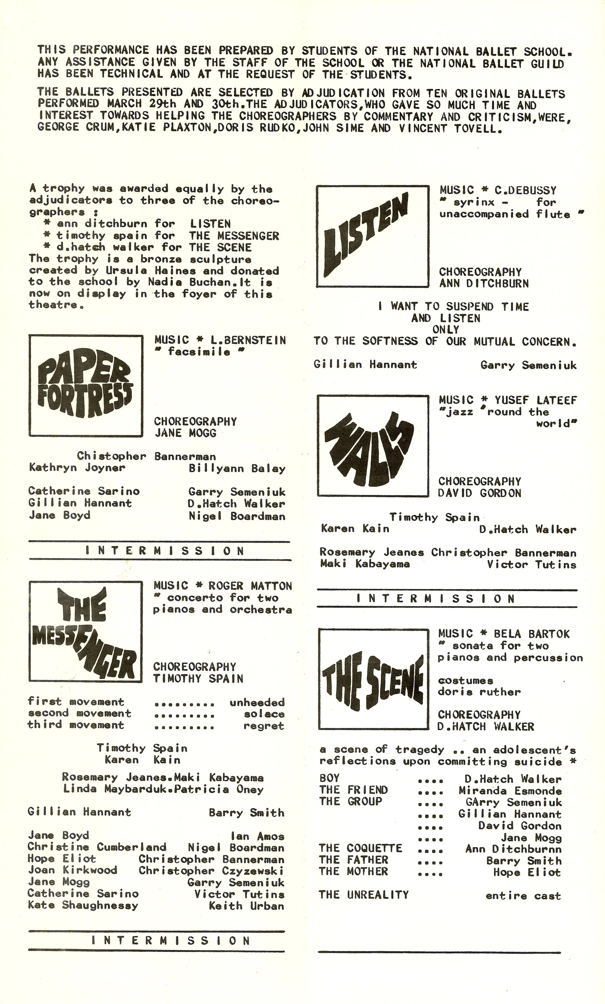 Program from the first NBS Choreographic Workshop, May 22, 1968. Student choreographers included Timothy Spain, Ann Ditchburn, Jane Mogg, David Gordon, and David Hatch Walker. 