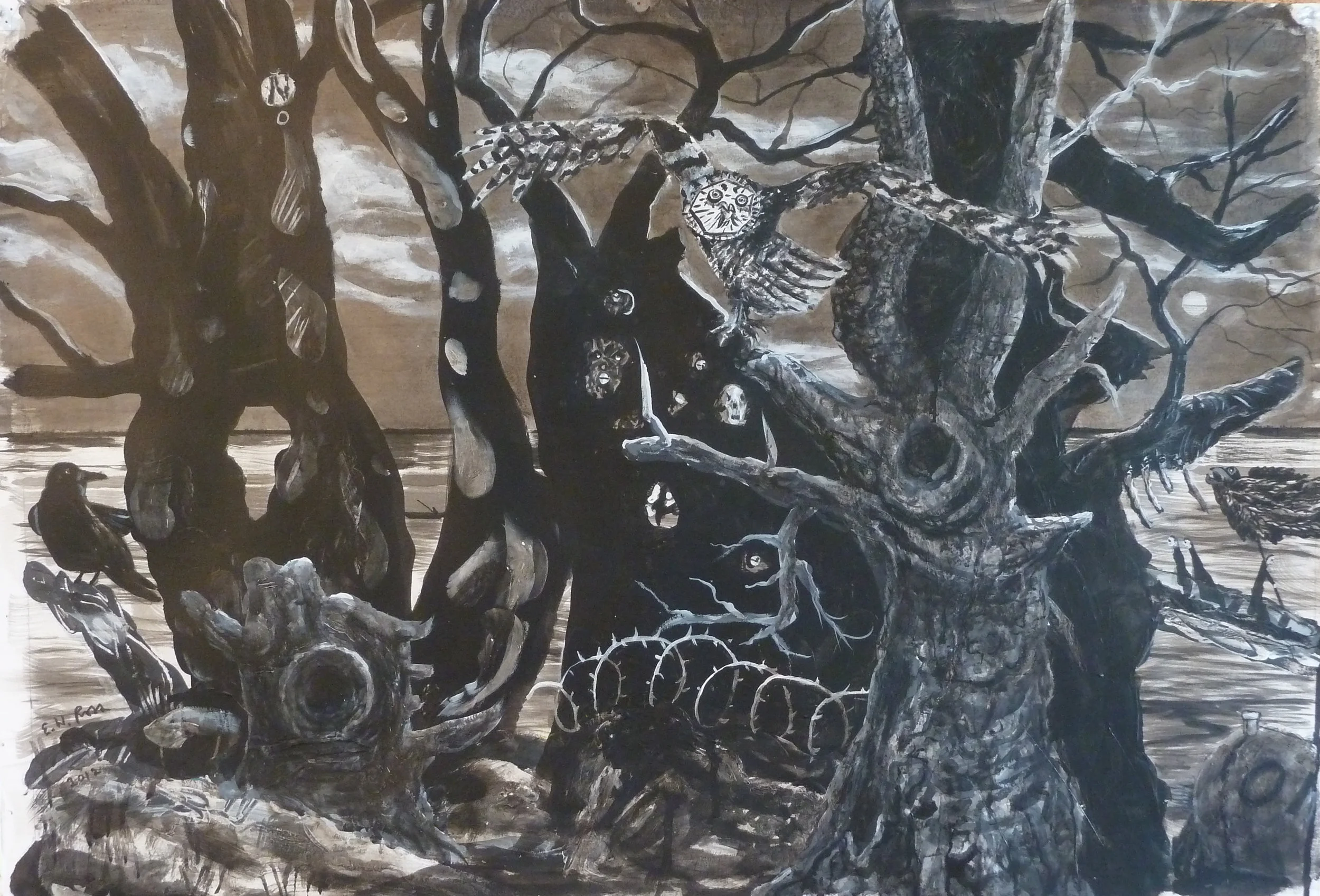 Pablo's Owl in Landscape , ink on paper, 33" x 26", 2012