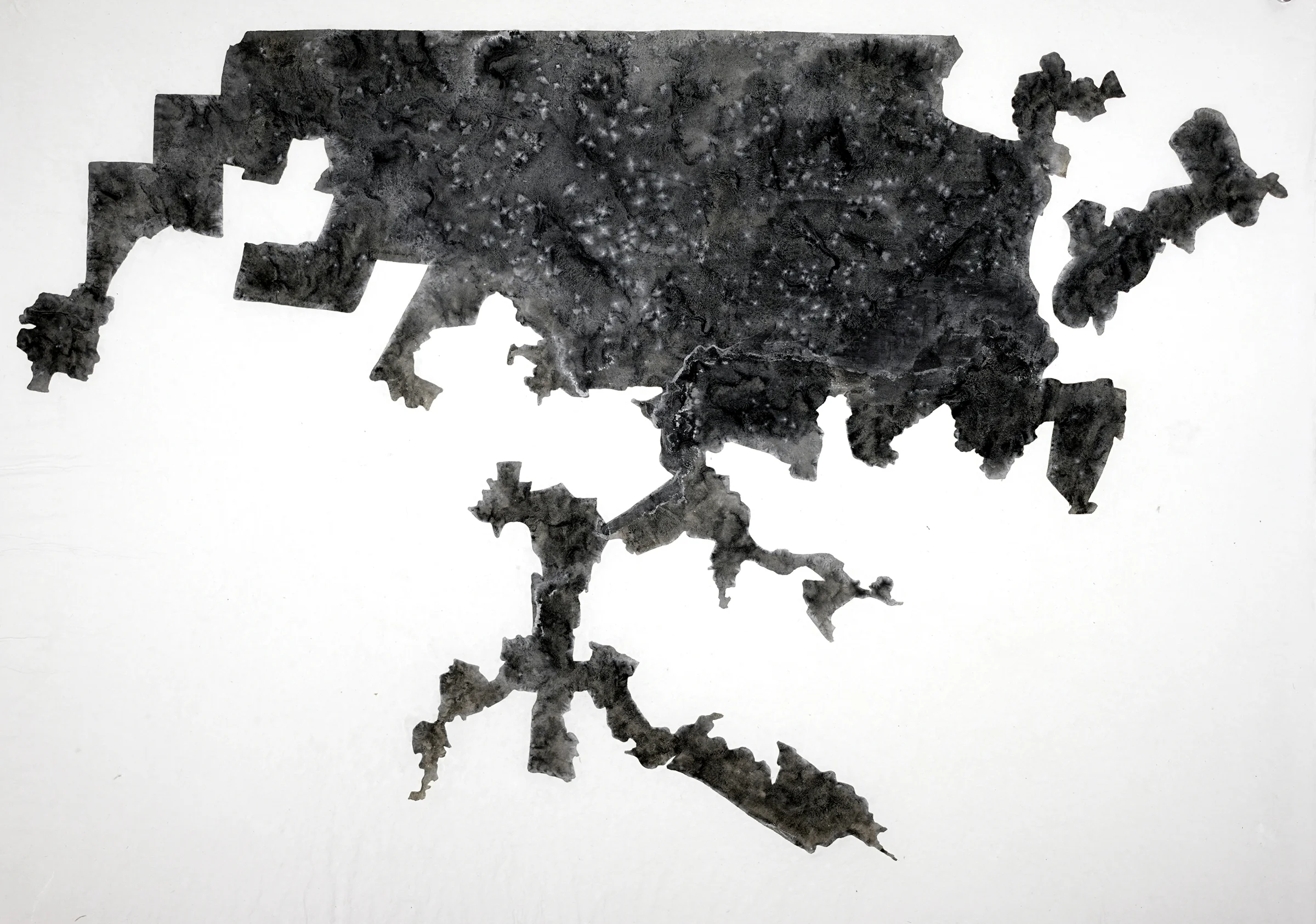 Jina Valentine LITERACY TESTS: RORSCHACH iron gall ink on paper made from Sea Isle Cotton shirts (10 in series) 14 x 20” irregular 2016