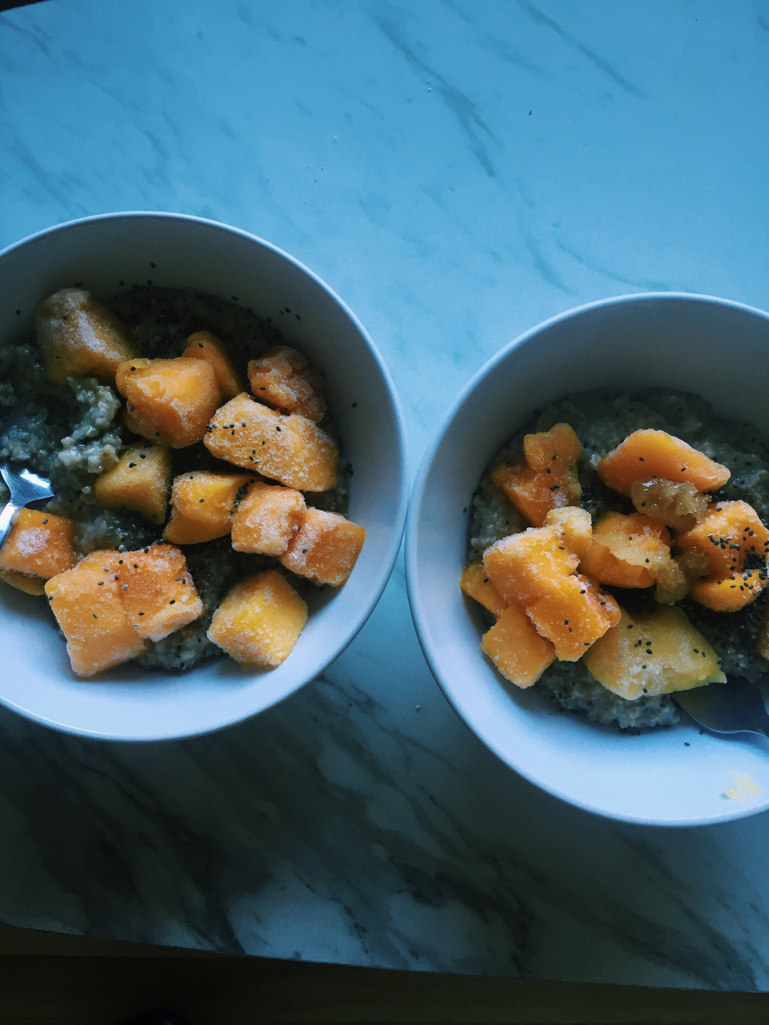 Breakfast: Steel cut oats, mango, chia seeds, and rice milk. 