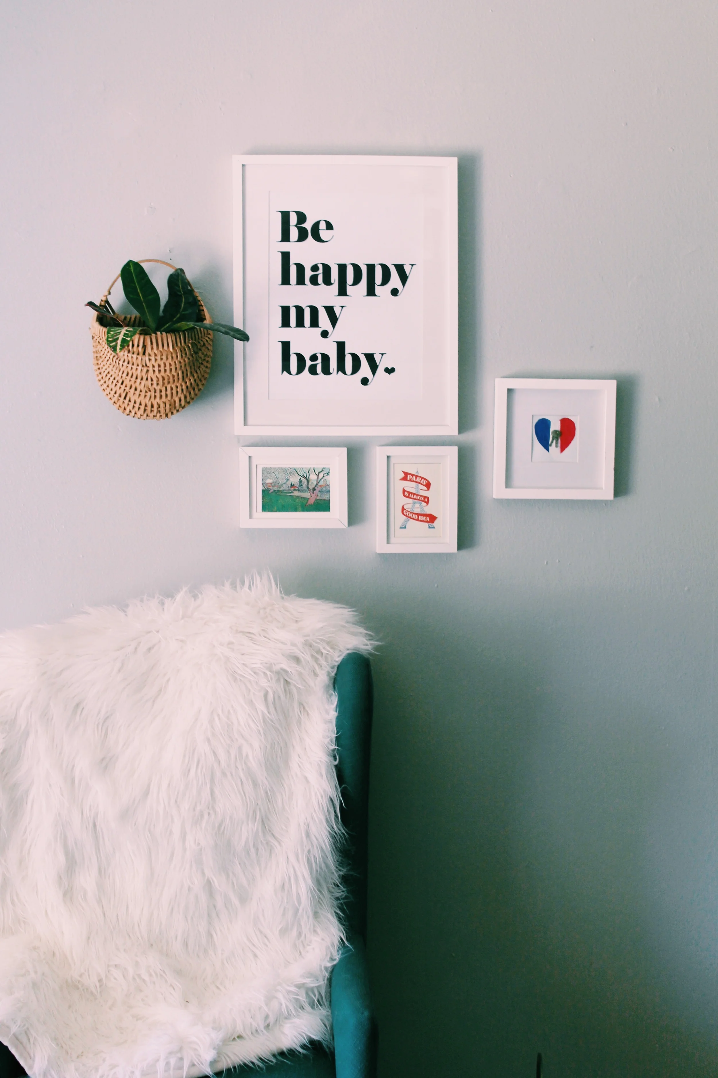 This 'Be happy my baby print' is special to me. Nathan and I got it on our honeymoon in Paris. The little keys are from our lock on the famous love lock bridge - also in Paris! 