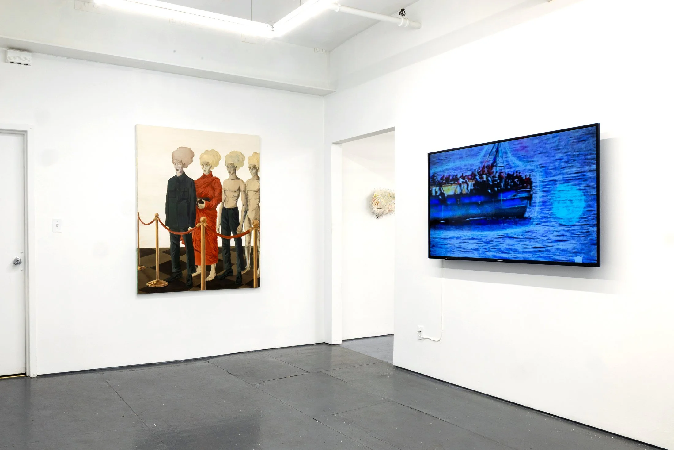  Installation of "Encapsulate In Transcendence" Works by Bart Was Not Here, Cansu Korkmaz, and Nazanin Noroozi  AFI’s Artist Community Network Group Exhibition, January 10–February 1, 2026. Photo by Carl Gunhouse 