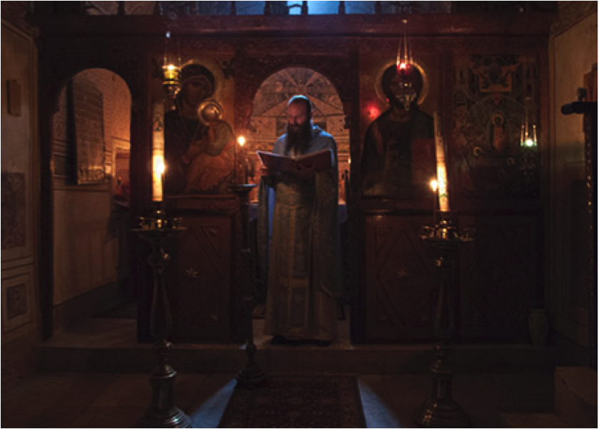 Sinai monks liturgize at the Dormition of the Theotokos in the chapel dedicated to the Feast, located in the 4th century tower built by Saint Helena.
