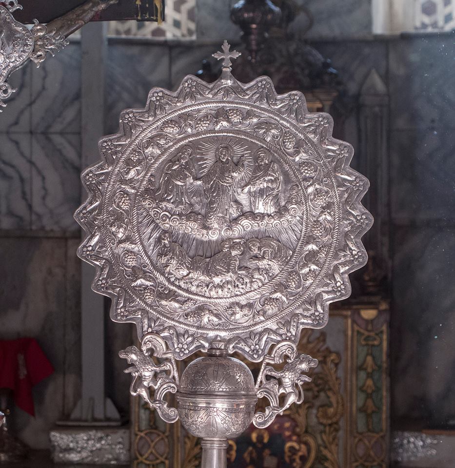 "And, behold, there talked with him two men, which were Moses and Elias: who appeared in glory, and spake of his decease which he should accomplish at Jerusalem." A ripidion from the altar depicts the Holy Transfiguration to which the Sinai church was dedicated.