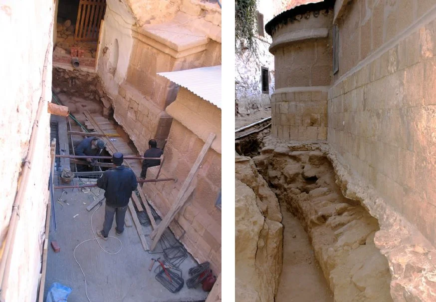 Prior drainage work in the first phase of the project, on a different portion of the main church.