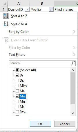 On Prefix column, filter using drop-down box. Click Select All, then scan and click prefixes that need correction. Click OK.