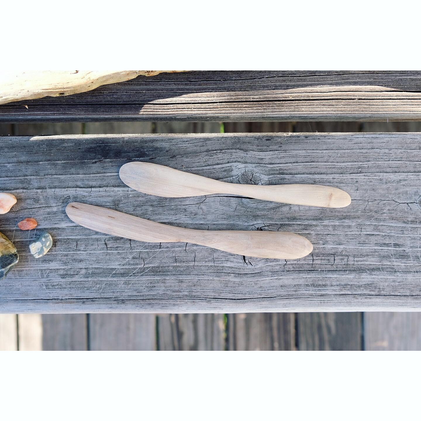 Knives hand-carved from driftwood found on the Penobscot Bay shore. Top one is double-edged.