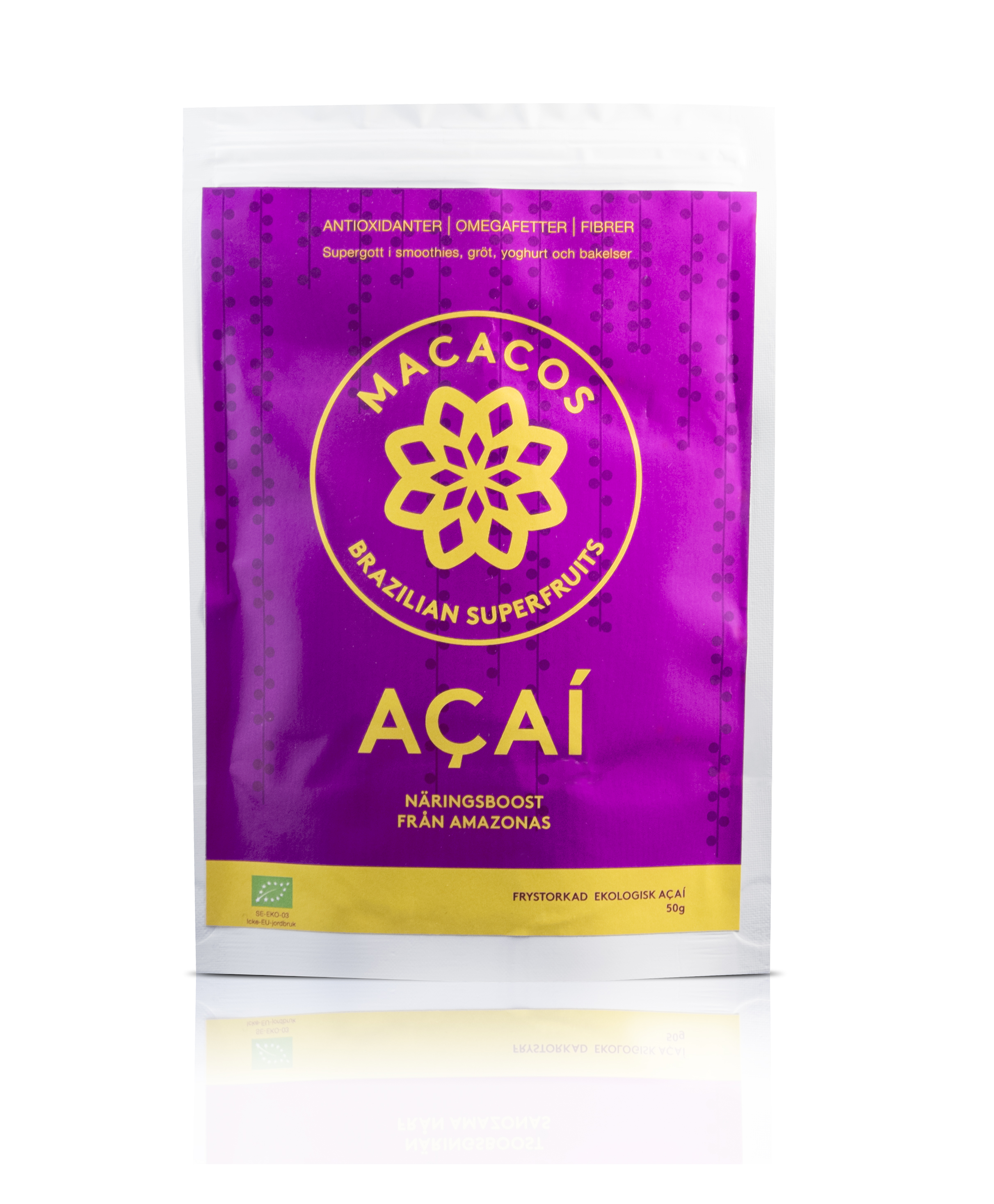 Acaipulver 50g (Ekologisk) Gott, enkelt och nyttigt! MACACOS Acaipulver frystorkas direkt efter plockning för att bevara så mycket som möjligt av näringen. Du behöver inte kämpa för att få i dig nyttigheter! Smaken påminner om kakao och vilda bär - proppad med antioxidanter och fibrer!