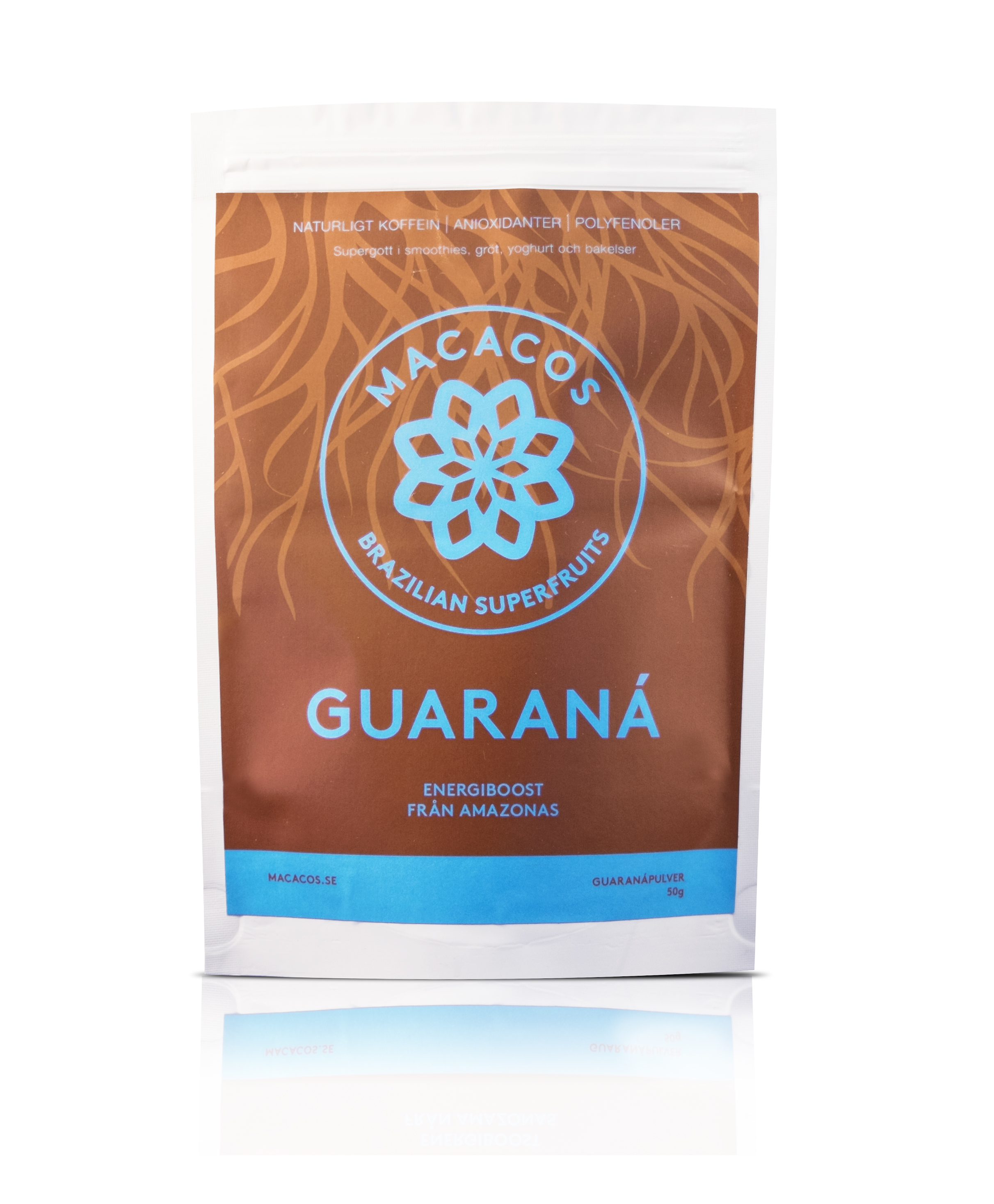Guaranápulver 50g (Ekologisk) Guaraná är en riktig energiboost på morgonkvisten eller innan träning! Vårt guaranápulver males ned och soltorkas sedan. Bönan innehåller dubbelt så mycket koffein som kaffe men frisläpps sakta i kroppen - vilket ger en långvarig och stabil energi! Lite besk smak. Guaraná passar bra ihop med kakao i ett glas varm mjölk eller att strö över gröten.