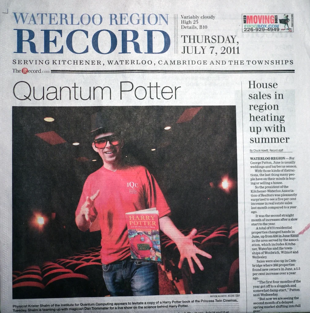 Quantum Potter: Front page story of the Waterloo Record