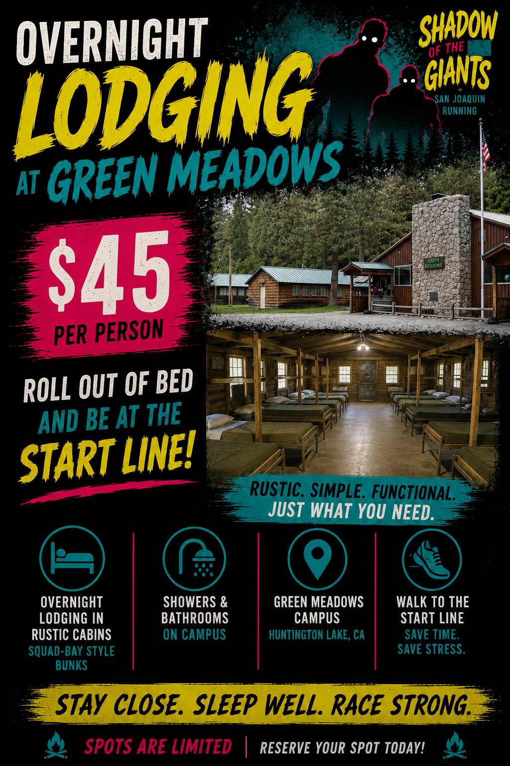 2026 Green Meadows Bunk Accommodations for  Shadow of the Giants 50k & 20k