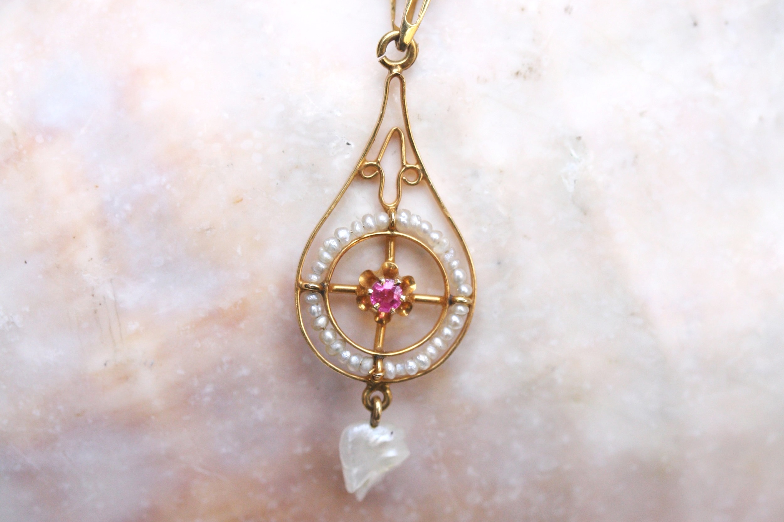 Vintage Converted Lavalier Ruby Pearl Round Yellow Gold Pendant_02.JPG