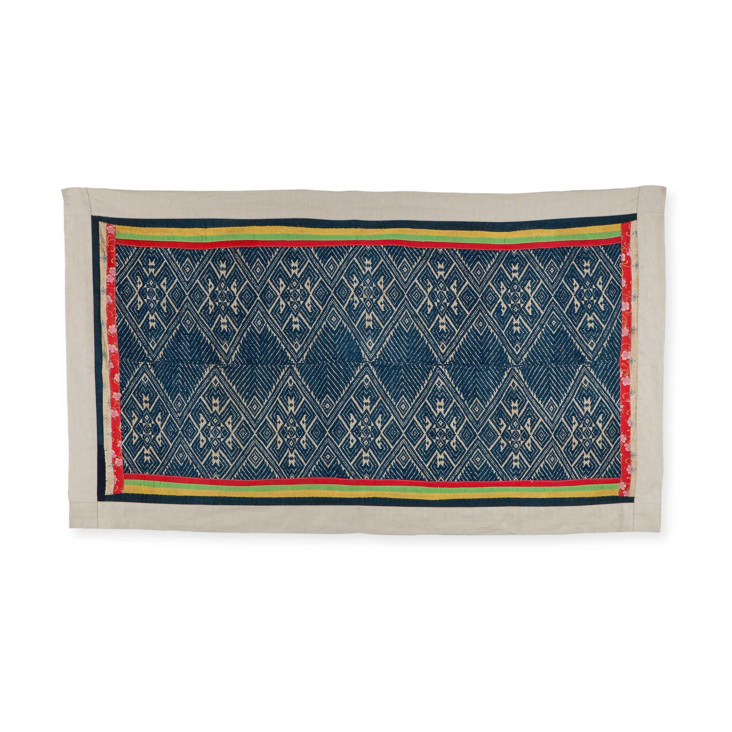 Vintage Blue Brocade Throw red/green/yellow with Tan Linen