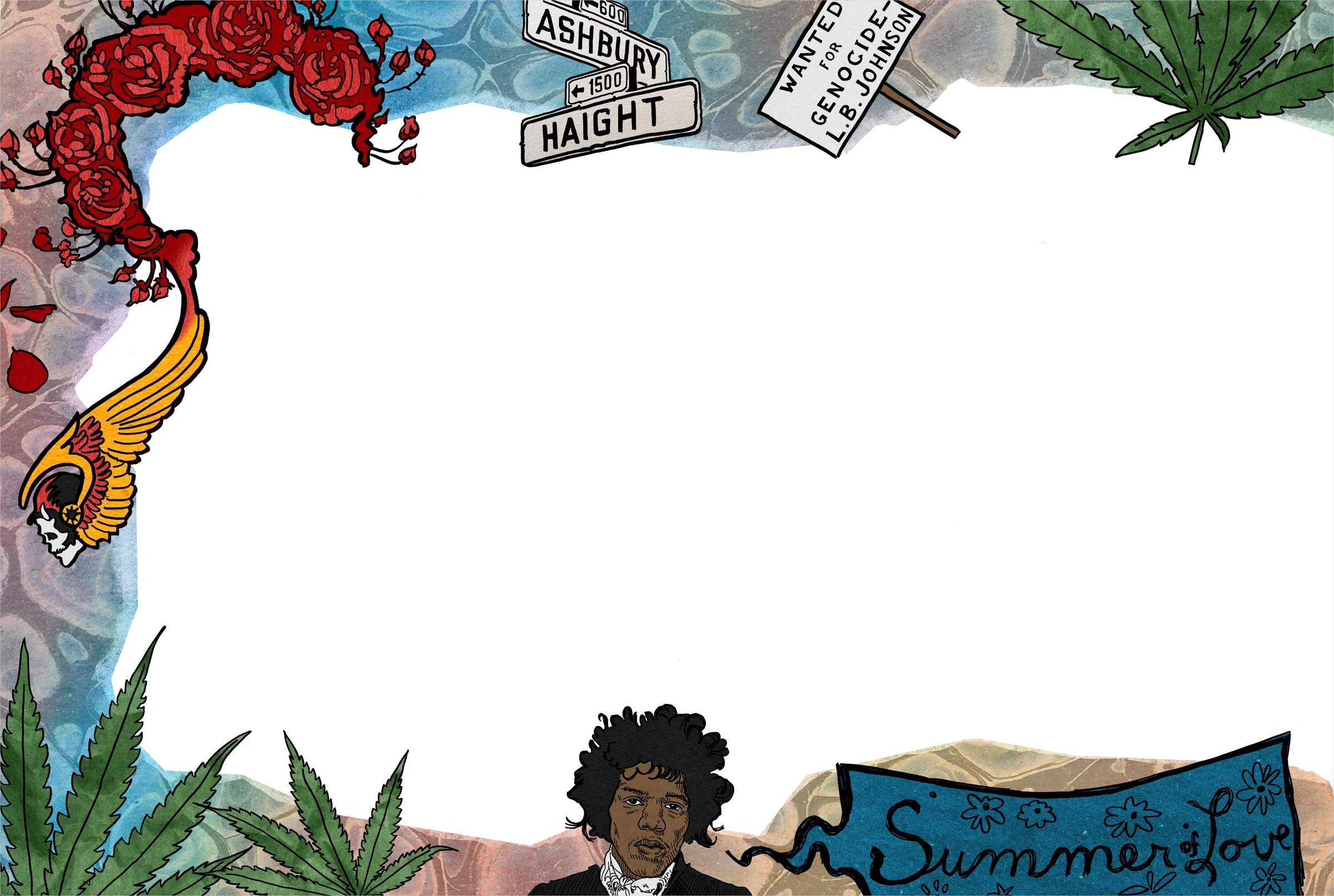 Border illustrations for an 8-page article on the history of Haight-Ashbury, published in The Battery Candy magazine.