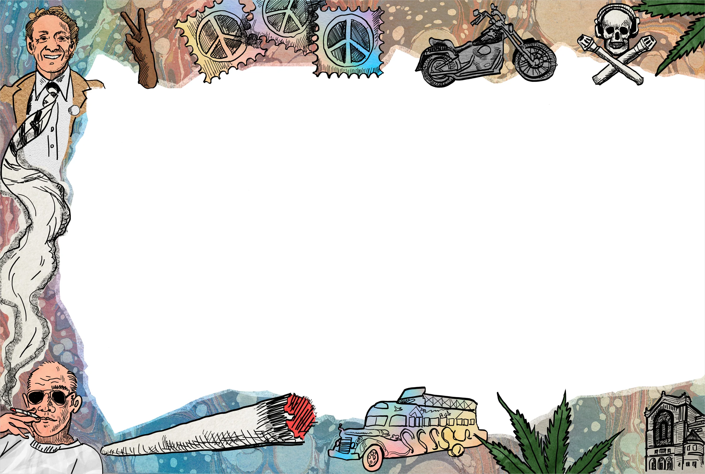 Border illustrations for an 8-page article on the history of Haight-Ashbury, published in The Battery Candy magazine.