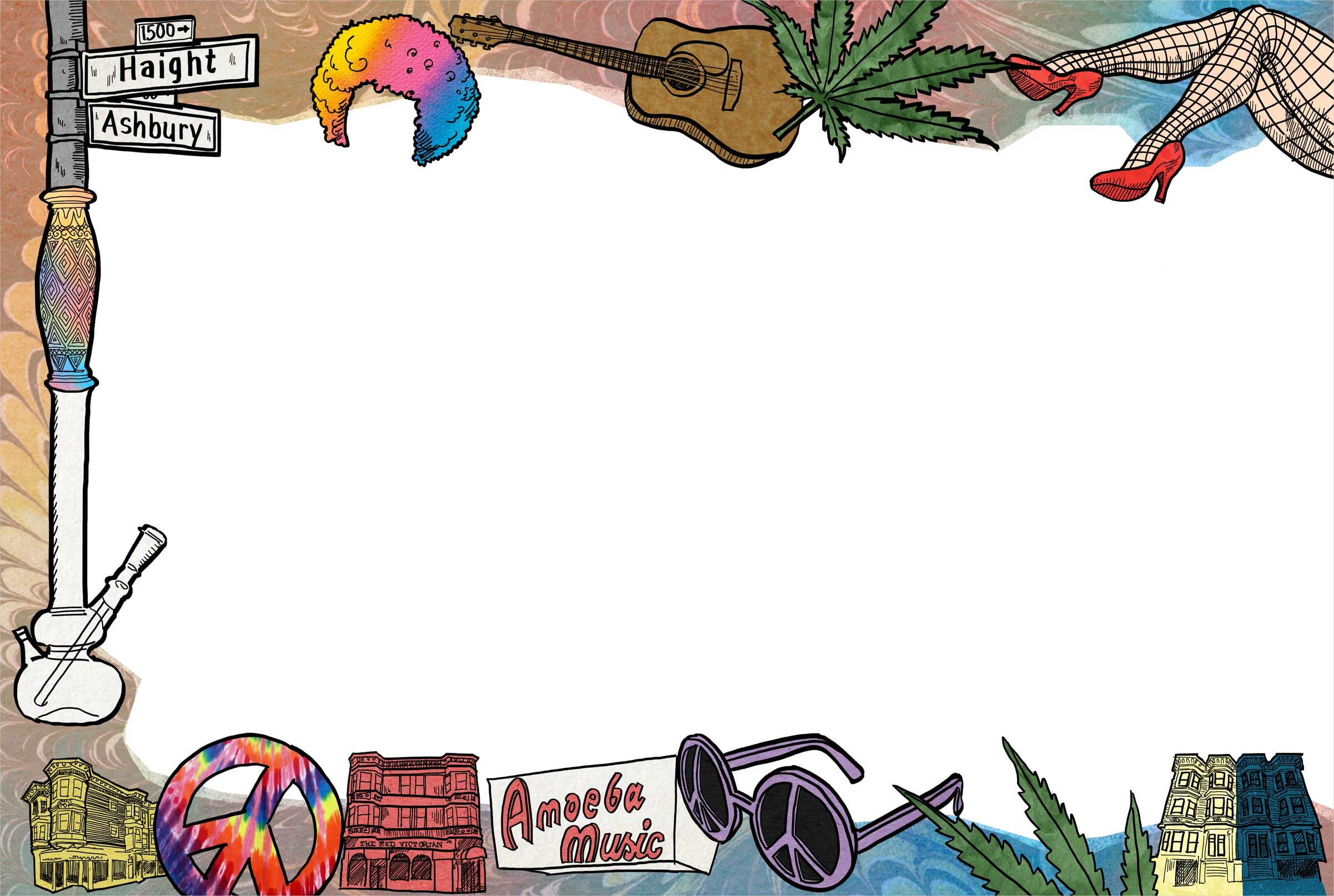 Border illustrations for an 8-page article on the history of Haight-Ashbury, published in The Battery Candy magazine.