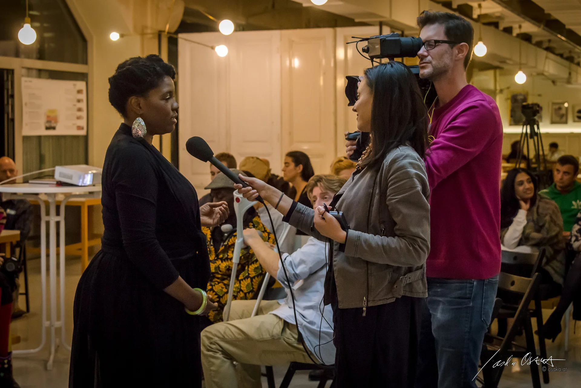 Interviewing storyteller and musician Renee Benson. Making of with video producer Stuart Jolley Socea - Welcome to the Living Room at Vienna Design Week, 2015.