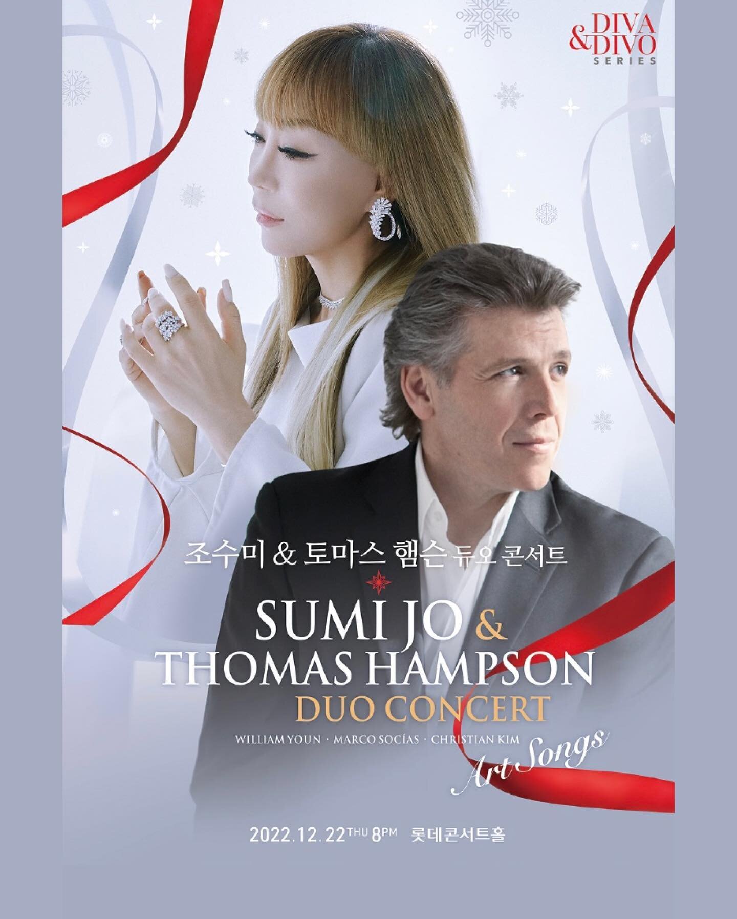 I can not wait for this concert, the legendary, Grammy-winning singers Sumi Jo and Thomas Hampson are coming to Lotte Concert Hall and I have the honor to perform together with Sumi Jo and Star guitarist Marco Socias 😊 

22/12/22 Lotte Concert Hall
