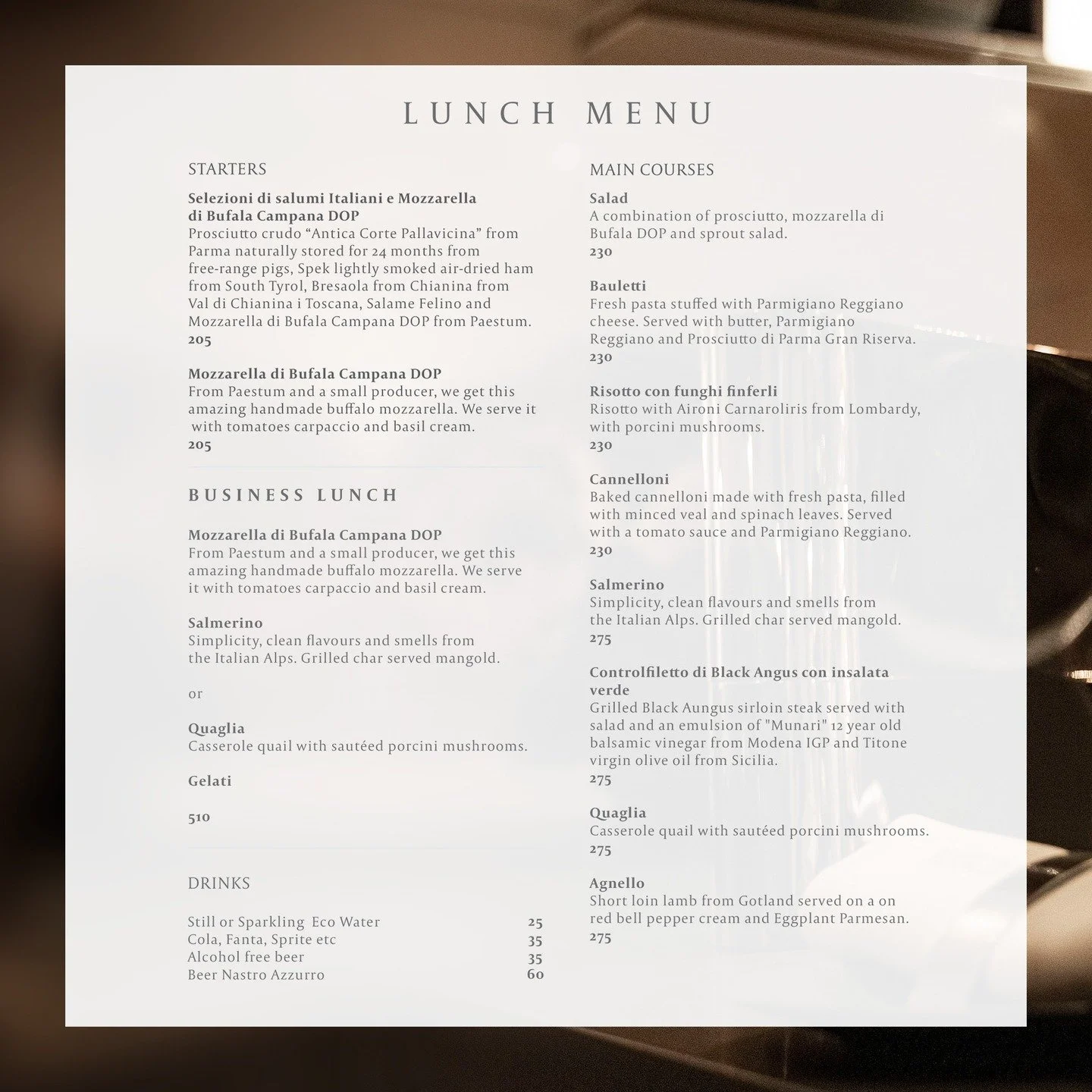 Friday tip!⭐️ 

We&rsquo;re happy to present our new autumn lunch menu! 🍂

Come by and try our Mozzarella di Bufala Campana DOP or the fantastic Quaglia. 🇮🇹 
Benvenuti!

🇸🇪 Fredagstips! ⭐️

Vi &auml;r glada att kunna presentera v&aring;r nya lun
