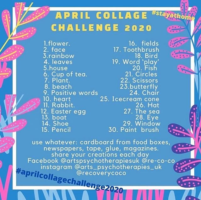 @arts_psychotherapies_uk has created a collage photo challenge for the month of April in case you&rsquo;re interested in a fun creative challenge during our time of #stayinghome